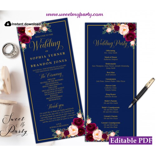 Navy Burgundy Wedding Program tea length template,Navy Wedding Order of Service template, (147w)